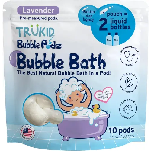 TruKid Bubble Podz Bubble Bath for Kids, Toddlers, & Babies, Tear Free Gentle & Refreshing Bath Bomb for Sensitive Skin with Natural Moisturizers, Non-Toxic, pH Balanced, Lavender Scent (10 Podz)