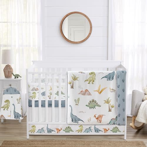 Sweet Jojo Designs Watercolor Dinosaur Dino Boy Baby Crib Bedding Set Infant Nursery Room BreathableBaby Breathable Mesh Crib Liner 6p Green Blue White Modern Dinosaurs Jurassic Animal Track Footprint