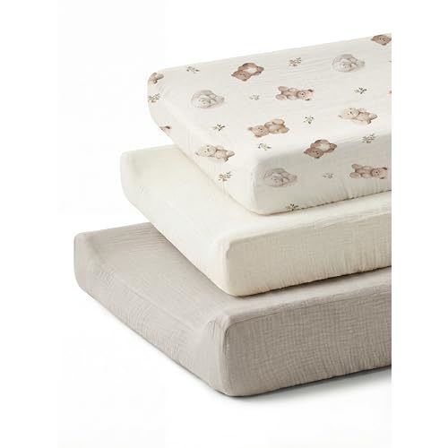 Changing Pad Covers 3 Pack, 32"x16" Muslin Baby Changing Table Pad Covers | Soft Breathable Muslin, Fits Standard Changing Table Pads, Neutral Boho Nursery Style for Baby Boys and Girls (Teddy)