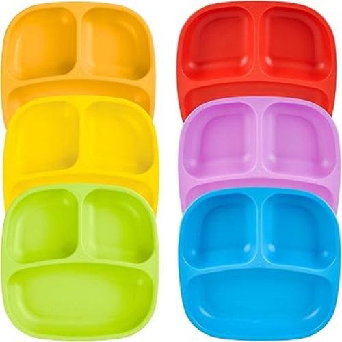 Re-Play Toddler Plates with Dividers - Deep-Walled 3 Compartments Divided Plates for Kids - Dishwasher & Microwave Safe - Made in USA - Set of 6-7.37" x 7.37" x 1.25" - Crayon Box