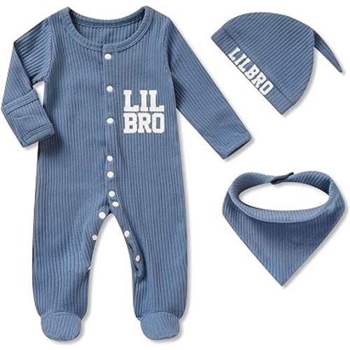 Newborn Infant Baby Boy Coming Homing Clothes Letter Print Button Knit Footed Romper Jumpsuit Hat Bibs 3pcs Outfit