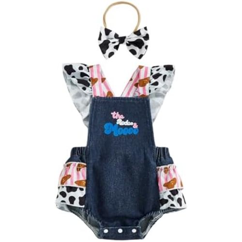 Infant Baby Girl Summer Outfit Denim Bow Embroidery Ruffle Sleeveless Romper Bodysuit Bow Headband Set