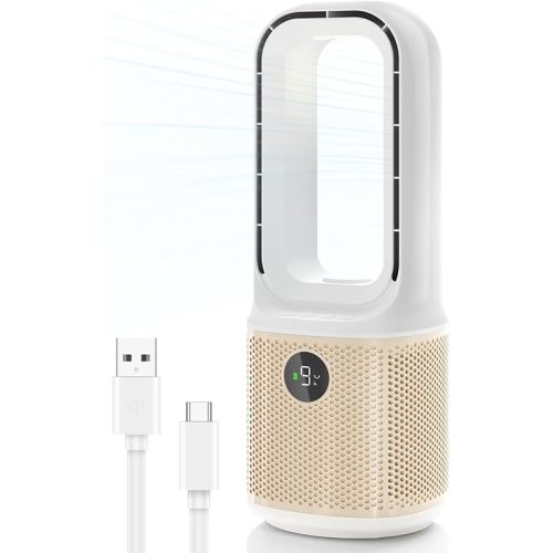 Desk Fan, Small Quiet Bladeless Fan with 9 Speed Adjustment & 3 Light Modes, 14 Inch USB Rechargeable with 5000mAh Battery, 60° Oscillating Cooling Fans for Office, Living Room, Bedroom White