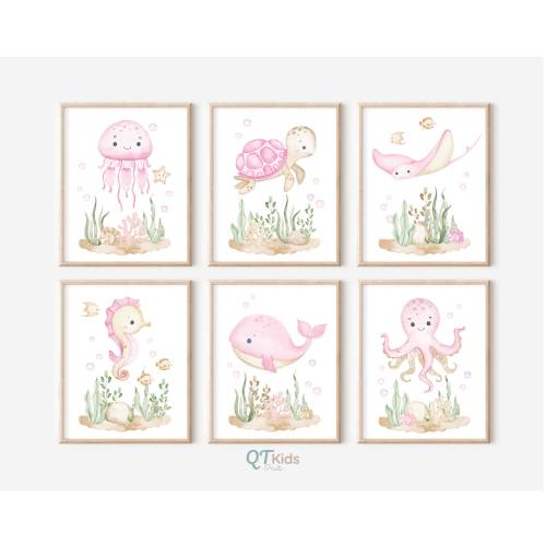 Under the Sea Nursery Prints, Sea Animal Wall Art, Girl Nursery Ocean Prints, Nautical Watercolour Sea Animal Posters, DIGITAL DOWNLOAD