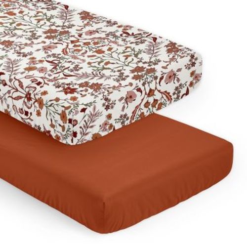 Sweet Jojo Designs Girl Fitted Crib Sheets Set Boho Floral Wildflower Ivory Orange and Burgundy 2pc