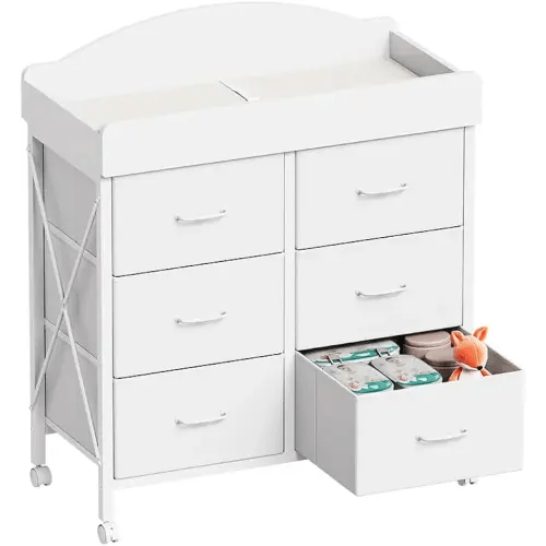 Baby Changing Table Dresser with Wheels, 6-Fabric Drawer Baby Dresser with Changing Table Top, Waterproof Diaper Changing Station & Pad, Mobile Storage Unit, Compact Baby Furniture, White