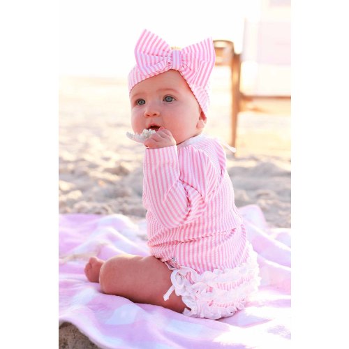 Long Sleeve Rash Guard with Ruffle Bottom | Seersucker Dusty Pink