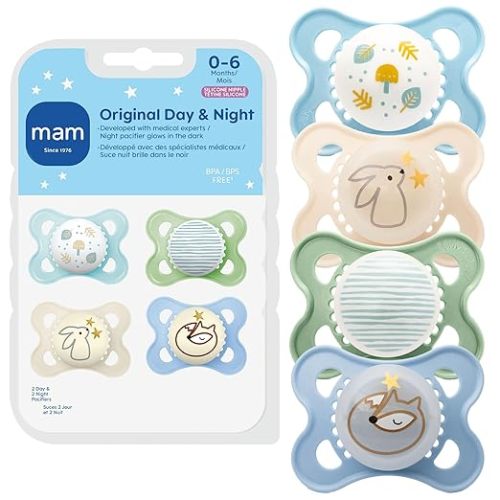 MAM Original Baby Pacifiers 0-6 Months, Binky for Newborn Babies, BPA-Free Skin Soft Silicone Nipple, Glows in The Dark, Developed with Medical Experts, 4 Pack, Made in Europe