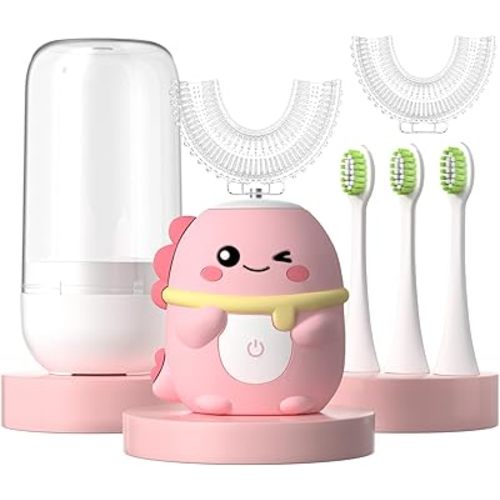 Kids Electric Toothbrush U Shaped Toddler Auto Sonic Toothbrushes with 5 Brush Head,Cartoon Dinosaur Ultrasonic Toothbrushes for Children 2-12 Years,360° Full Mouth Cleaning Automatic