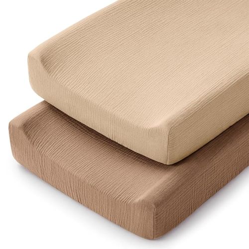 Comfy Cubs Muslin Fitted Changing Pad Cover Pack of 2, Cedar and Cream - Soft, Breathable & Washable 100% Cotton Fitted Sheet for Baby's Comfort - Universal Fit for Flat & Curved Baby Changer Pad