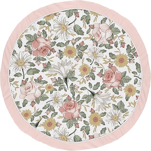 Sweet Jojo Designs Vintage Floral Girl Baby Playmat Tummy Time Infant Play Mat - Blush Pink, Yellow, and Green Boho Shabby Chic Rose Flower Farmhouse