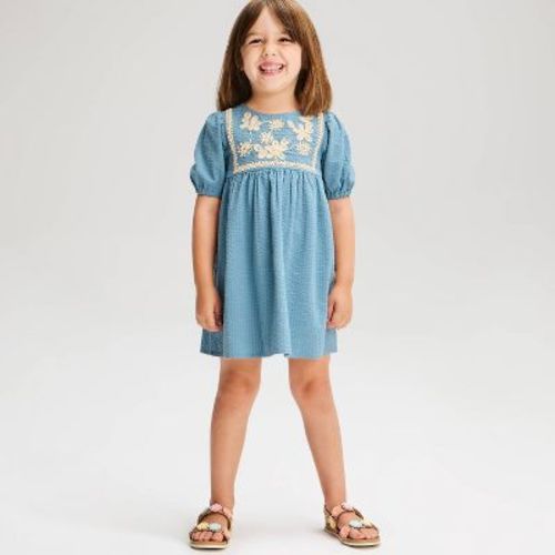Baby Girls' Floral Cording Short Sleeve Dress - Cat & Jack™ Blue 18M