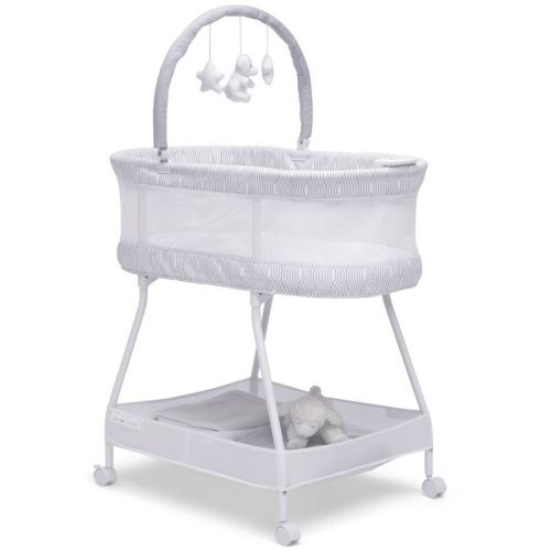 Delta Children Curve Bassinet - White and Gray: Storage Bin, Locking Wheels, Vibration, Nightlight