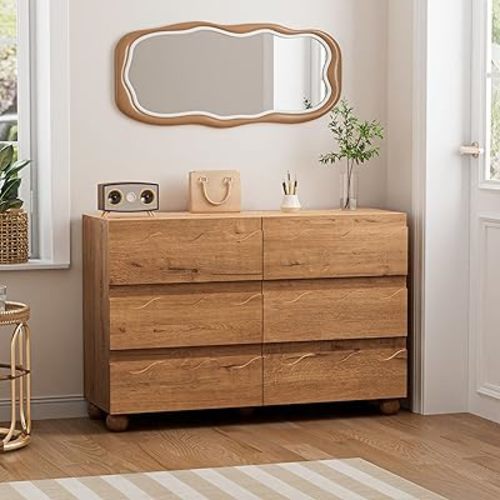 Dresser for Bedroom 6 Drawers Dresser Natural Oak Scalloped, 47" Wide Modern Chest of Drawers with Hidden Handle, Fluted Wood Closet Clothes Storage Organizer, Wooden Dresser for Living Room, Hallway
