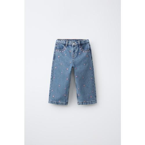 EMBROIDERED FLORAL CULOTTE JEANS - Blue | ZARA United States