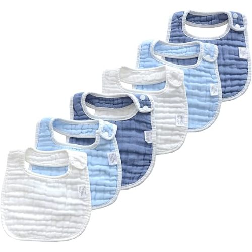 Baby Muslin Bibs and Burp Cloths, 6 Pack, Soft Absorbent Cotton, Adjustable