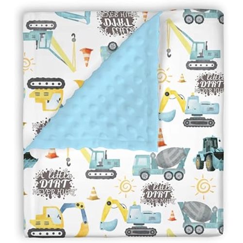 Mink Baby Boy Blankets Blue Yellow Construction Vehicle, A Little Dirt Never Hurt Double Layer Dotted Backing Receiving Swaddle, Newborn Infant Toddler Nursery Crib Bedding Shower Gift 30 x 40