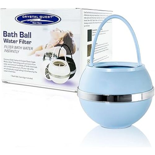 Crystal Quest Bath Ball Water Filter for Bathtub - 3-Stage Filtration, Removes Chlorine, Chloramine & Byproducts, 2,500 Gallons, BPA Free, pH Balanced Water, Fits Most Tubs, Easy Install - Blue