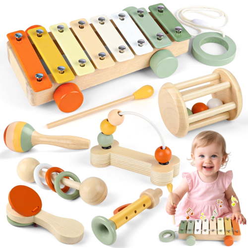 Carsky 7-in-1 Wooden Baby Music Toy Kit, Rattles, Xylophone, Beads Maze & More, Educational Sound Activity Set for Infants Toddlers 1-3