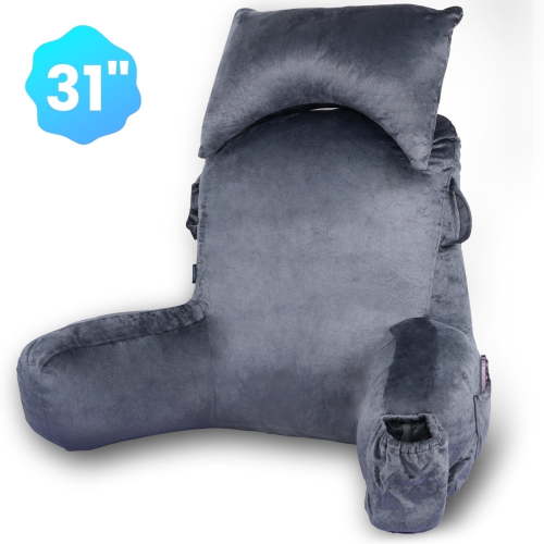 VAVSEA Reading Pillow, Extra Large 31" Backrest Pillow with Arms, Back Pillow with Detachable Neck Roll, 4 Pockets for Watching TV, Bed Rest, Reading, Gaming