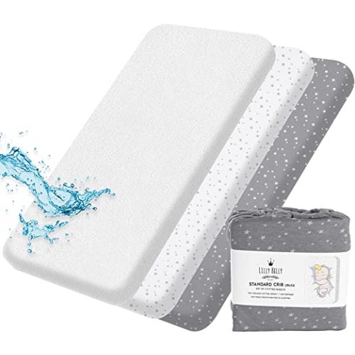 Lilly B. Pack of 3 Crib Sheets - 100% GOTS Organic Cotton - 2 Fitted Crib Sheets Neutral with 1 Waterproof Mattress Protector for Baby Boys and Girls, fits All Shapes up to (52Lx 28Wx 6H) Inch - Standard Crib - Gray / Star