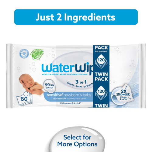 WaterWipes Sensitive+ Newborn Baby Wipes 3-in-1 Cleans Cares Protects 99.9% Water Unscented Hypoallergenic 2 Packs