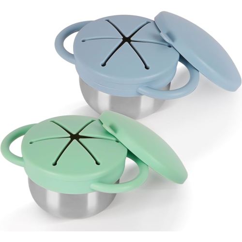 2 Pack 304 Stainless Steel Snack Cups for Toddlers, Toddler Snack Containers with Spill-Proof Silicone Travel Lid & Handle, Dishwasher Safe, Removable Snack Cup for Baby, Toddler, Kids