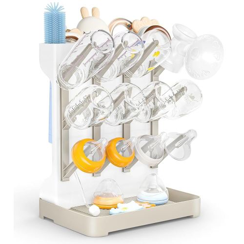 GoMaihe Baby Bottle Drying Rack: Space Saving Vertical Bottle Dryer Holder - Baby Accessories Storage Stand Organize Brushes Pacifiers on Countertop - BPA-Free - Beige