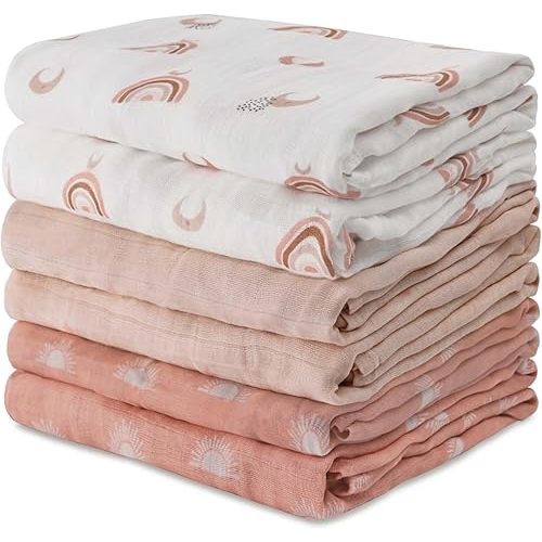 GLLQUEN BABY Receiving Blanket Boy Cotton Muslin Swaddle Blankets Girl Newborn Squares Breathable & Soft Thin Baby Blankets Cloths Double Absorbent Infant Swaddling Wrap - 6 Pack (Sun)