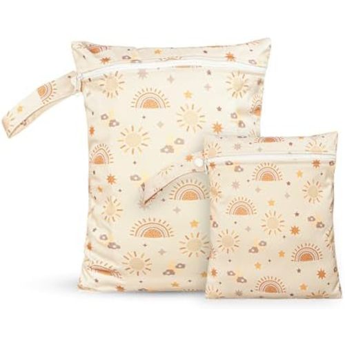 2 Pcs Wet Bags Waterproof Reusable Zippered Pocket Cloth Diaper Wet Dry Bags for Travel Beach Pool Swim, Baby Diapers,Gym Yoga Wet Clothes,Swimsuit,water wipes (Moon Star)