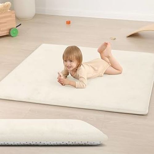 Baby Play Mat for Floor,1.3" Thick Elasti-Foam 50"×50" Playpen Mat for Tummy Time,Water Repellent Soft Coral Velvet for Toddler,Infant,Kids,Non-Slip Backing Safe for Crawling(Cream)