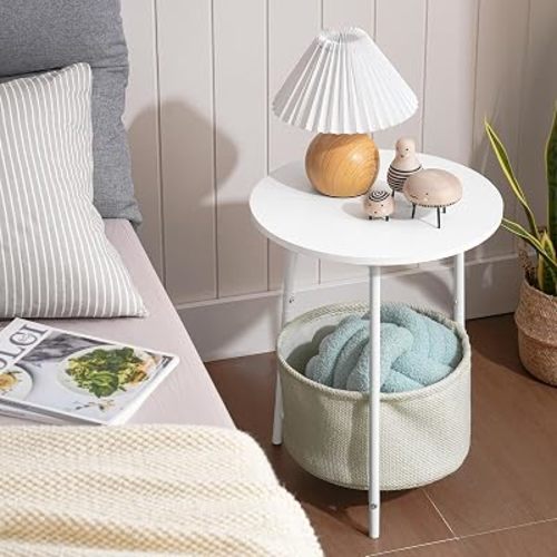 Small Round Side Table, Modern Nightstand with Fabric Basket