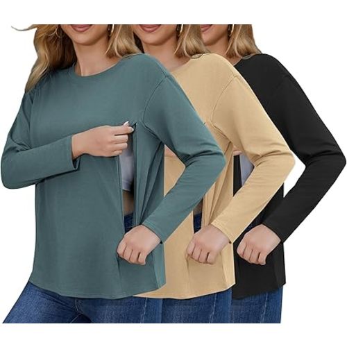 Women's 3 Pack Long Sleeve Nursing Tops for Breastfeeding with Hidden Zippers Soft Cotton Maternity Shirts