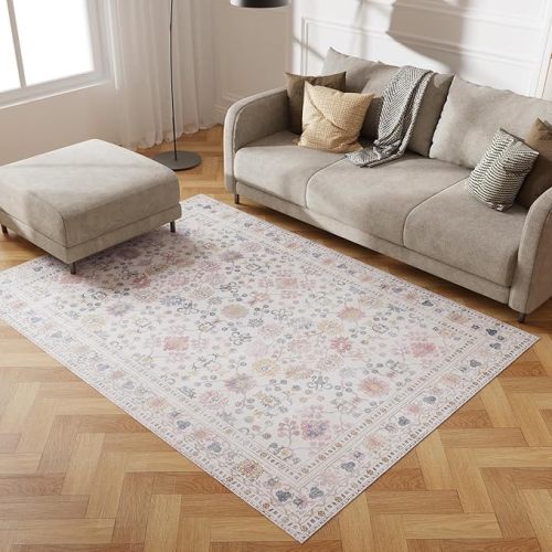 5' x 7' Durable Vinyl Rugs for Living Room, Vintage Floral Pattern for Dining Room
