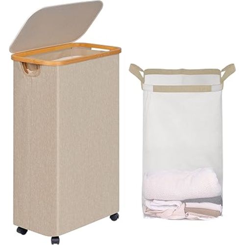 efluky Slim Laundry Hamper with Wheels, Narrow Laundry Basket with Lid and Removable Bag, Aesthetic Dirty Clothes Hamper on Wheels for Laundry Room, Bedroom, Dorm and Bathroom, 75L Beige