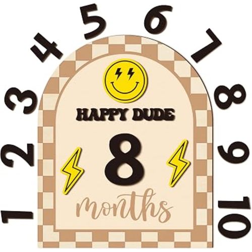 R HORSE Baby Monthly Milestone Sign - 3D Happy Dude Wooden Monthly Milestone Discs with Interchangeable Cards, Double-Sided Baby Months Signs Announcements Nursery Gifts Photo Props for Boy Girl