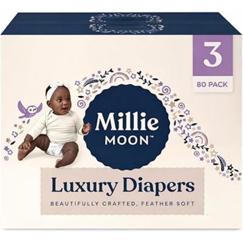 Millie Moon Luxury Disposable Baby Diapers Size 3 I 80 Count I, Ultra Soft CloudTouch Comfort, 12-Hour Leak Protection, Hypoallergenic, Gentle Fit for Sensitive Skin