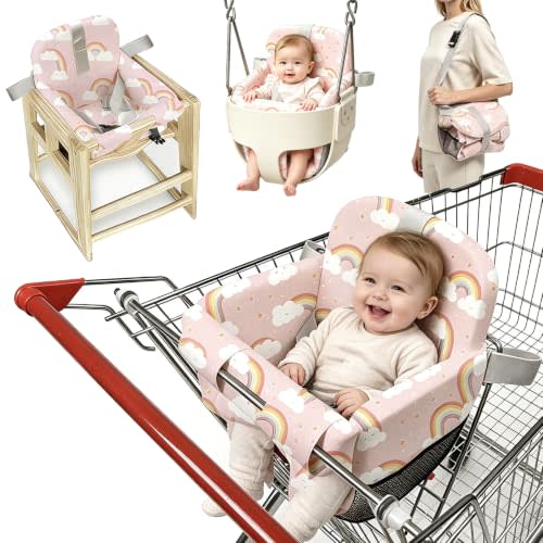 Padded Shopping Cart Seat Cover for Baby，High Chair Cover and Swing Outdoor | Adjustable Grocery Cart Cover for Baby Infant , Machine Washable Infant Toddler Buggy Seat Cover,High Back Full Bucket,Pink