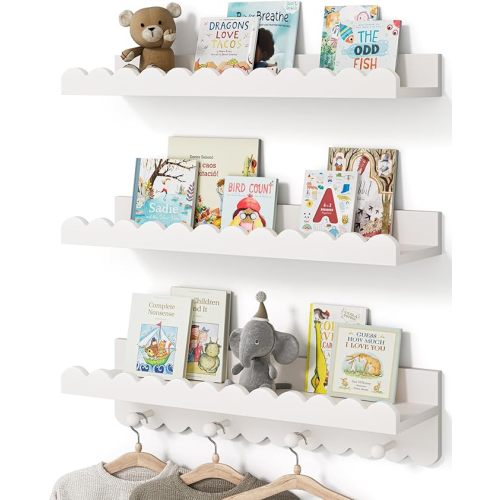 G&W Gruwald Nursery Book Shelves, Scalloped Shelves with Coat Hooks, Set of 3, Nursey Decor