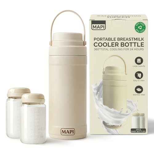 MAPI 22 oz Portable Breast Milk Cooler with 2 Storage Bottles | 360° cooling helps keep milk cold up to 24 hours. Stainless steel design for pumping at work, daycare, travel and flights.