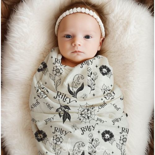 Personalized Gothic Baby Swaddle: Skull Flower Jersey Knit Blanket
