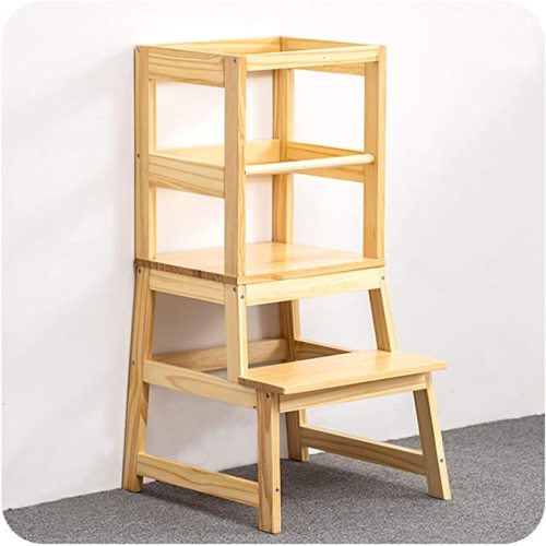 Kitchen Step Stool for Toddlers with Non-Slip Mat, WOOD CITY Wooden Kids Montessori Learning Stool Tower, Toddler Standing Tower Helper for Kitchen Counter and Bathroom Sink(Burlywood)