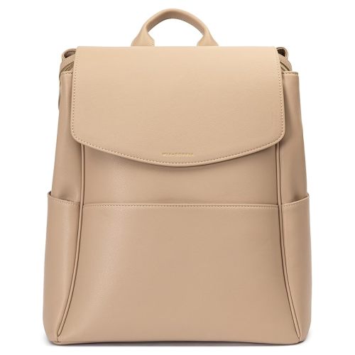 MIA + SOPHIA Leather Diaper Bag Backpack with USB Charging port, Changing Pad, Stroller Straps, and Bottle Holder (Beige Olivia)