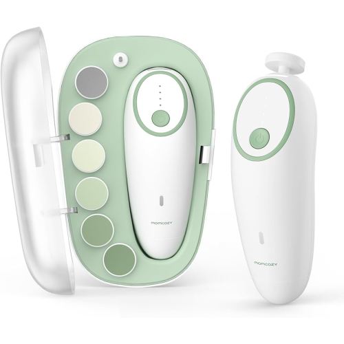 Momcozy Baby Nail File Electric, Gentle Baby Nail Trimmer Electric, Baby Nail Clipper with Night Light, 7 Grinding Head Replacement Pads, Green