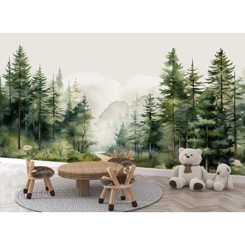 Woodland Wallpaper Nursery Removable Green Forest Wall Mural Mountain Wallpaper Roll Kids Room, Watercolor Nature Wall Paper Realistic