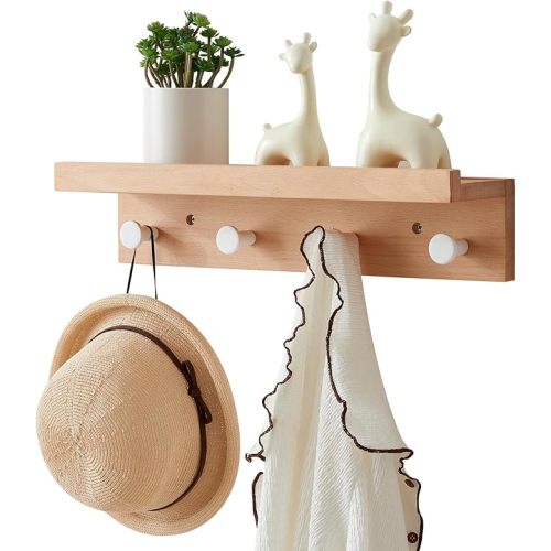 Wall Hooks with Shelf 19 inch, Beech Wood Entryway Wall with 4 Hooks, Floating Shelf Coat Rack for Bathroom, Living Room, Bedroom (19inch)