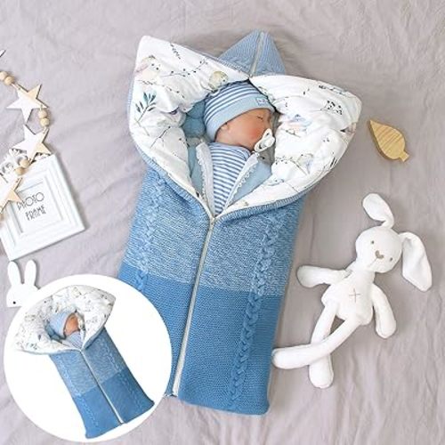 Stroller Blanket Newborn Baby Swaddle Sack Knitted Crochet Hooded Baby Sleep Sack Boy or Girl Swaddle Wrap for 0-6 Months Baby Receiving Blankets,Sleeping Bag