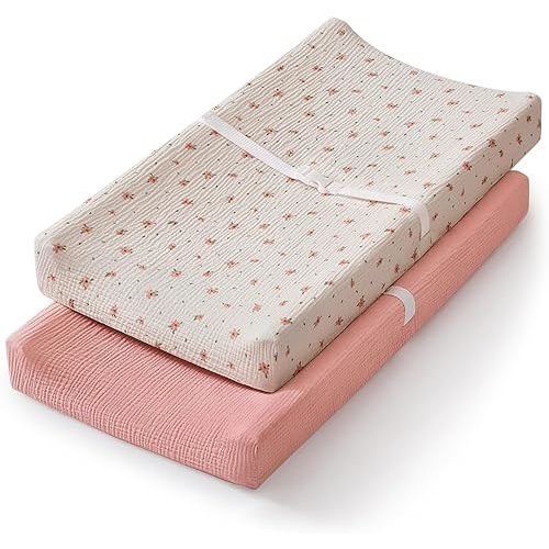 Blissful Diary Muslin Changing Pad Cover for Baby Girls, Ultra Soft Breathable Cotton, Baby Diaper Change Table Pad Covers, 2Pack (Pink Floral & Light Pink)
