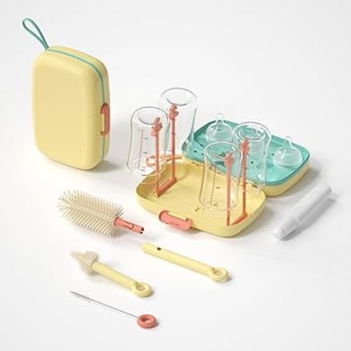 Suvast 7in1 Travel Bottle Cleaner kit,Baby Essentials, with Bottle Brush、Nipple Brush、Straw Cleaner Brush、Soap Dispenser、Bottle Drying Rack、Drainage Tray、Storage Box,Baby Travel Essential (Yellow)