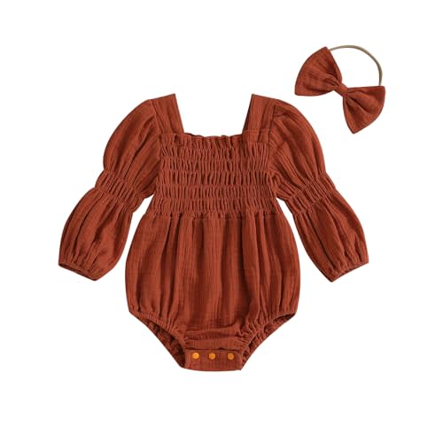 Kavousa Smocked Baby Girl Clothes Newborn Girl Bubble Romper Long Sleeve Jumpsuit And Headband Outfit Cute Infant Clothing